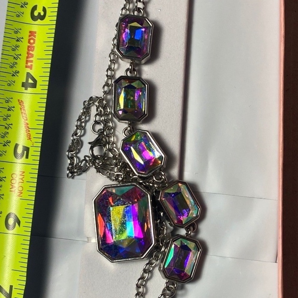 Silver Tone AB Crystal Statement Necklace‎ Geometric Iridescent Bib Necklace